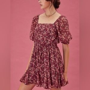 NWT Trixxi Puff Sleeve Mini Fit And Flair Dress, Wine Floral